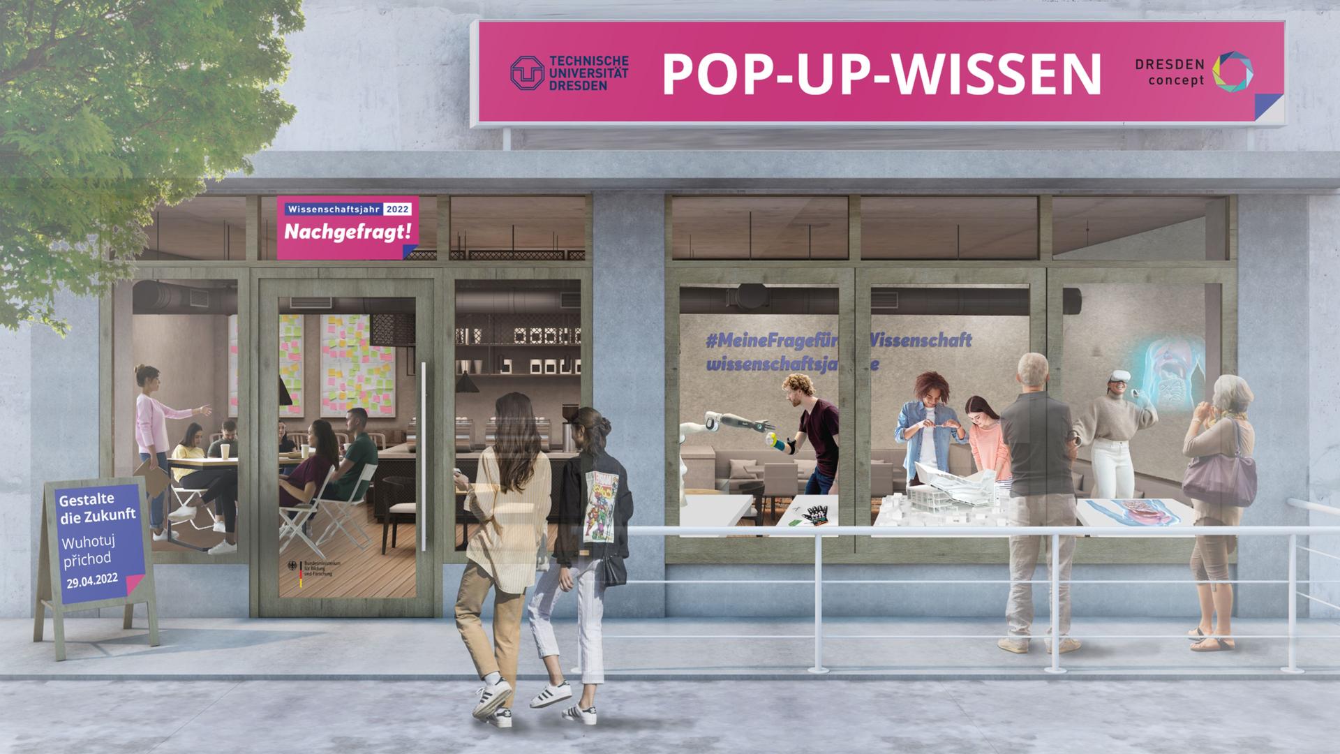 View of a shop from the outside. People outside and inside.