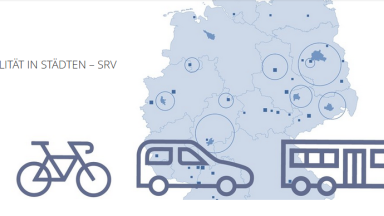 blaues Piktogramm: Mensch, Fahrrad, Auto und Bus vor einer Deutschlandkarte