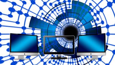 A graphic with 3 monitors