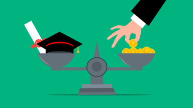 Graphic with a scale, a university doctor's hat and a hand in a suit putting in money