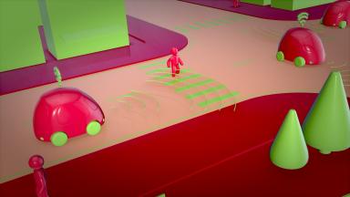 Graphic with networked cars with sensors and catchers.