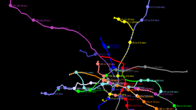 A colourful track network on a black background