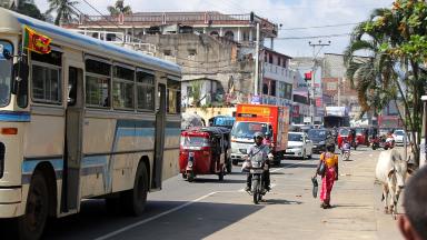 Eine volle Straße in Srki lanka mit einem Bus, Autos, ein Motorrad, eine Frau und Kuh am Straßenrand