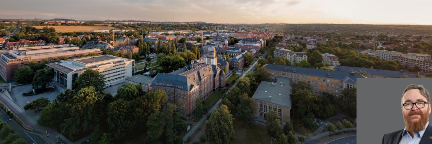 Collage: View from above over the TUD campus and a portrait of a man with a beard and glasses