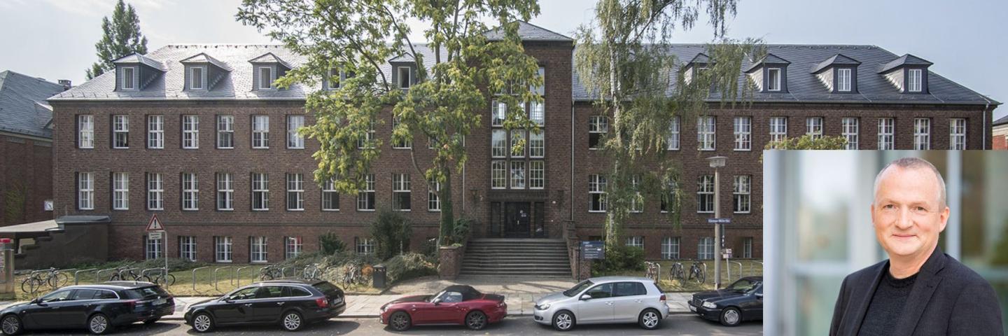 A brick building of the TU Dresden, below right a portrait of a man