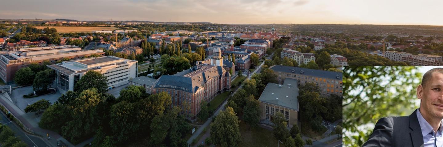 Aerial view of the university grounds of the TU Dresden, bottom right a portrait of a man with short hair