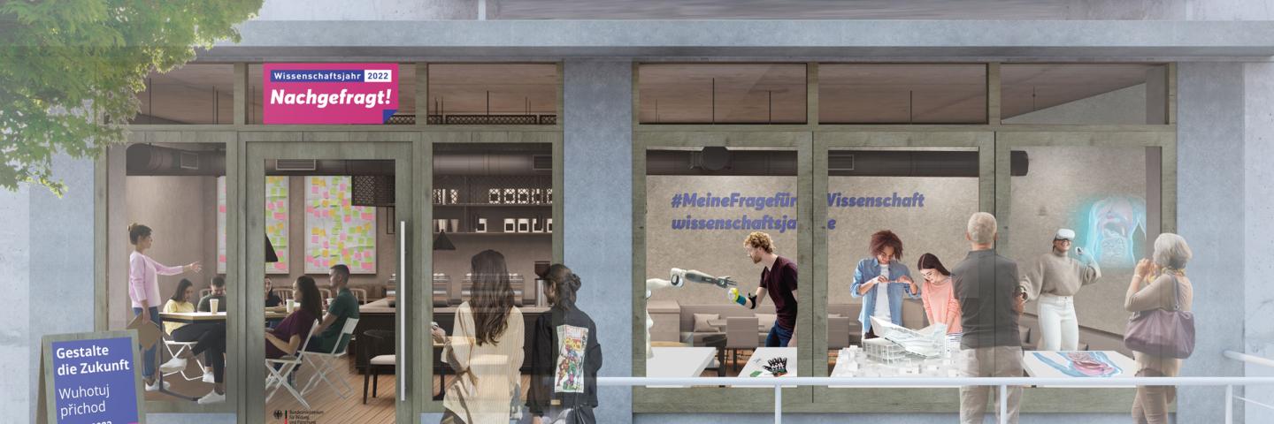 View of a shop from the outside. People outside and inside.