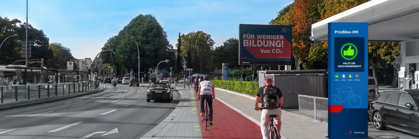 Virtuelle Welt aus Sicht eines Fahrradfahrers. Rechts ist eine PrioBike-Säule zu sehen.