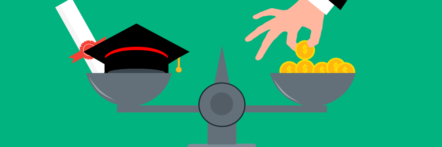 Graphic with a scale, a university doctor's hat and a hand in a suit putting in money