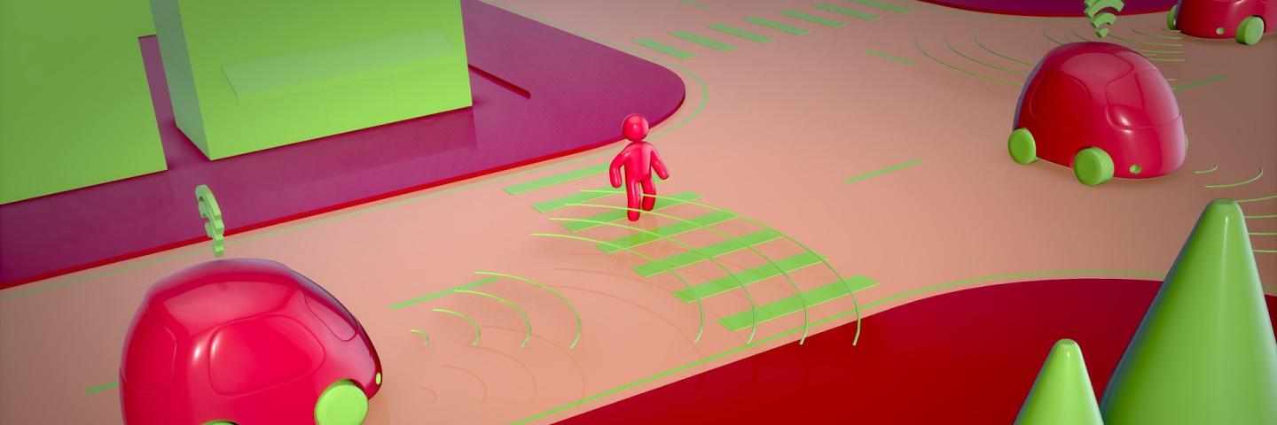 Grafik mit vernetzten Autos mit Sensoren und Fugängern.