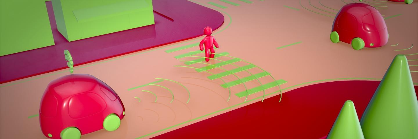 Graphic with networked cars with sensors and catchers.