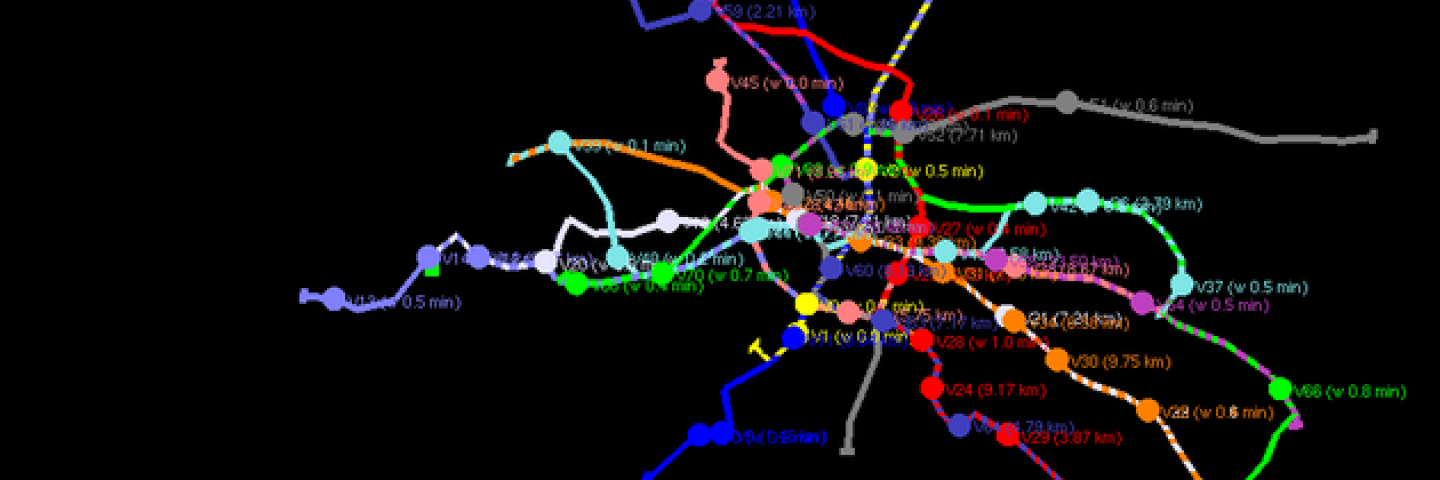 A colourful track network on a black background