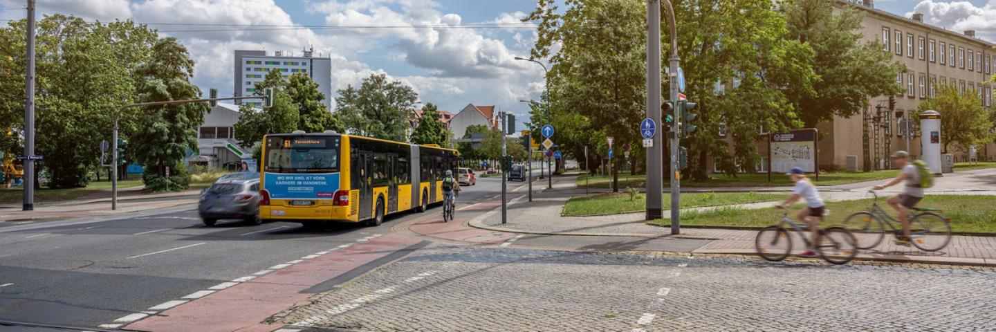 Road crossing with bus stop and cyclists
